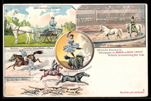Lithographie Barnum and Bailey Limited, Pferdedressur und Hundewettrennen, Zirkus