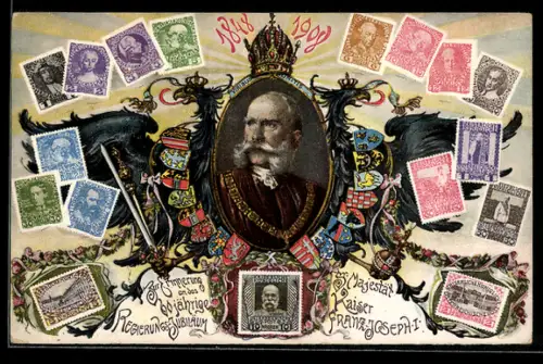 AK Kaiser Franz Josef I. von Österreich und Österreichische Briefmarken