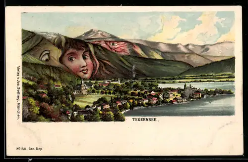 Künstler-AK Seiling Nr. 50: Tegernsee, Ortsansicht mit See und Bergen, Berg mit Gesicht / Berggesichter
