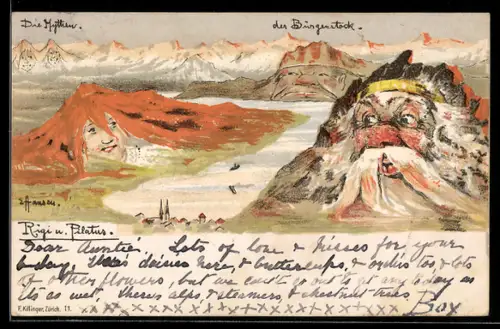 Künstler-AK sign. E. Hansen / Emil Nolde: Rigi und Pilatus mit Bürgenstock, Berg mit Gesicht / Berggesichter