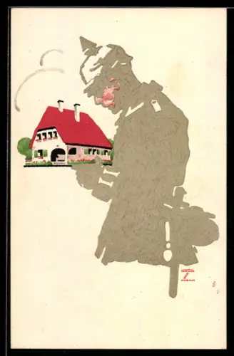 Künstler-AK Ludwig Hohlwein: Württemberg. Landesverein für Kriegerheimstätten, Soldat hält ein Haus in den Händen