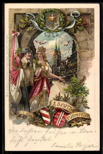 Lithographie Ganzsache Bayern PP 15 D67 /01: Nürnberg, X. Deutsches Turnfest, Turner mit Flagge, Wappen