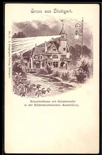 Lithographie Ganzsache PP 11 D16 /02: Stuttgart, Elektrotechnische Ausstellung, Schuckerthaus mit Scheinwerfer