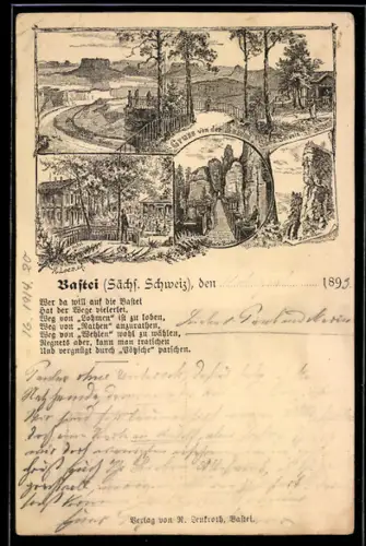 Vorläufer-Lithographie Bastei /Sächs. Schweiz, 1893, Hotel, Basteibrücke und -felsen, Ganzsache