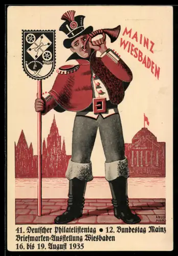 Künstler-AK Mainz, 41. Deutscher Philatelistentag 1935, 12. Bundestag Mainz, Briefmarken-Ausstellung, Ganzsache