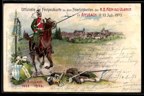 Lithographie Ansbach, Feierlichkeiten der K. B. Königs-Ulanen 1903, Ulane zu Pferd, Ganzsache Bayern
