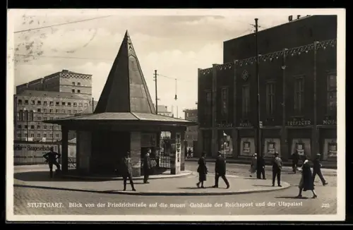 AK Stuttgart, Blick von der Friedrichstrasse auf Reichspost und Ufapalast, mit Kiosk