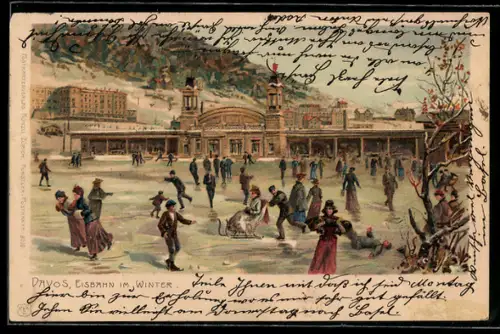 Lithographie Davos, Personen auf der Eisbahn im Winter