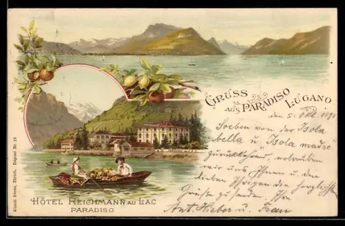 Lithographie Lugano, Hôtel Reichmann au Lac Paradiso, Ruderboot, Alpen