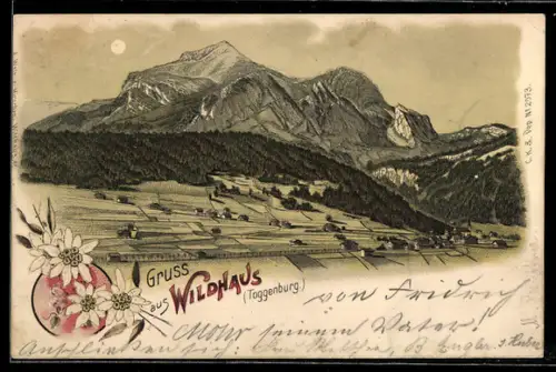 Lithographie Wildhaus /Toggenburg, Ortsansicht mit Bergpanorama im Mondschein