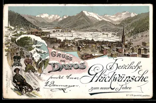 Lithographie Davos, Winterpanorama und Rodelpartie