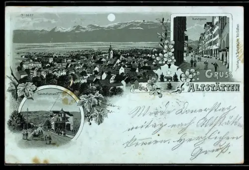 Mondschein-Lithographie Altstätten, Bahnhofstrasse, Marktgasse, Ortsansicht im Vollmondlicht