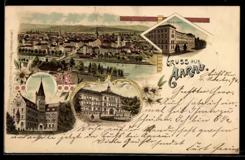 Lithographie Aarau, Neue Kantonschule, Neue Kaserne, Gewerbe-Museum