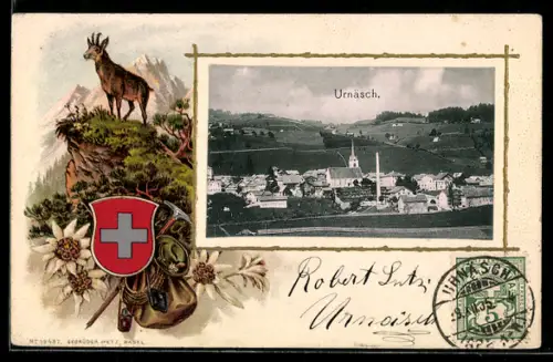 AK Urnäsch, Ortsansicht mit Kirche, Wappen