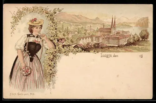 Lithographie Luzern, Luzernerin in Tracht, Ortsansicht
