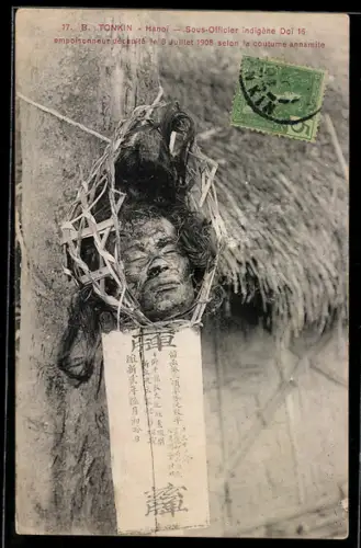 AK Tonkin, Sous-Officier indigène Doi 16 empoisonneur décapité le 8 Juillet 1908