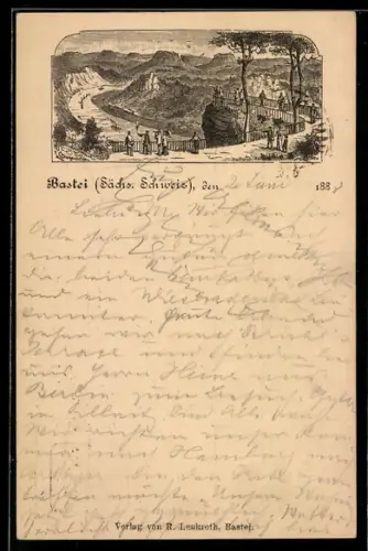 Vorläufer-Lithographie Bastei /Sächs. Schweiz, 1888, Aussichtsplattform mit Besuchern