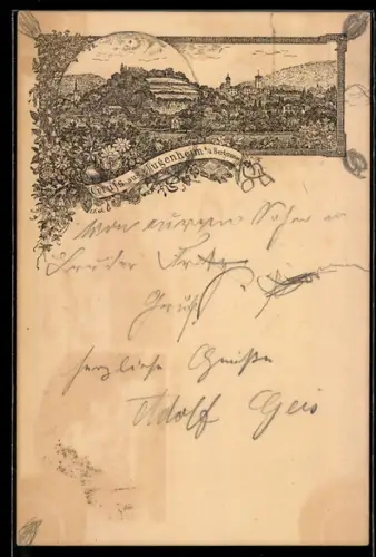 Vorläufer-Lithographie Jugenheim a. d. Bergstrasse, 1891, Ortsansicht mit Kirche umgeben von Blumen