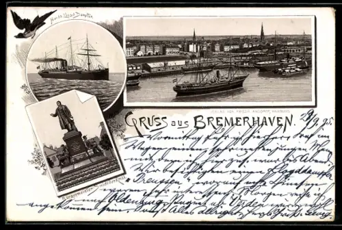 Vorläufer-Lithographie Bremerhaven, 1895, Nordd-Lloyd Dampfer, Bürgermeister Smidtdenkmal
