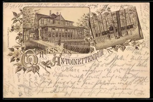 Vorläufer-Lithographie Wolfenbüttel, 1894, Gasthaus Antoinettenruh mit Garten