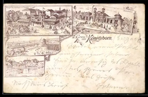 Vorläufer-Lithographie Königsborn, 1891, Badehaus, Kurgarten, Kurhaus und Theater, Gradirwerke