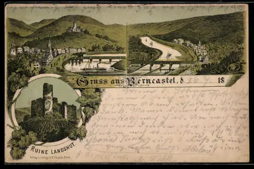 Vorläufer-Lithographie Berncastel, 1895, Ruine Landshut, Flusspartie mit Brücken