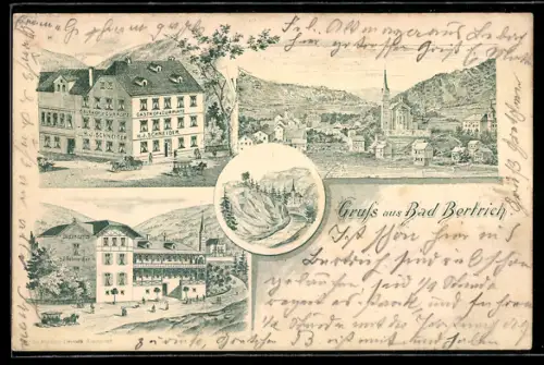 Vorläufer-Lithographie Bad Bertrich, 1895, Gasthof z. Curplatz, Dependance, Inh. H. J. Schneider, Ortsansicht mit Kirche