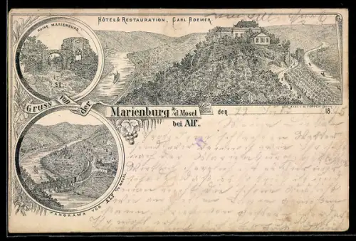 Vorläufer-Lithographie Marienburg a. d. Mosel, 1895, Hotel & Restaurant Carl Boemer, Ruine Marienburg