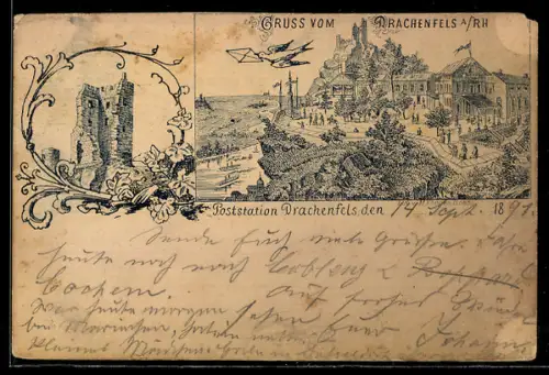 Lithographie Drachenfels a. Rh., Gasthof und Ruine Drachenfels