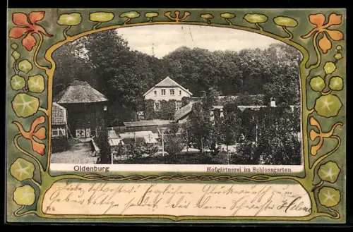 AK Oldenburg, Hofgärtnerei im Schlossgarten, Passepartout mit Blättern