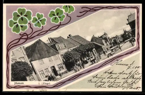 Passepartout-Lithographie Husum, Strassenpartie Am Zingel, mit Blunks Hotel