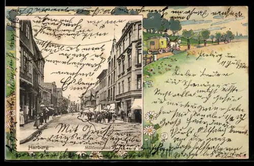 AK Harburg, Blick in die Mühlenstrasse, Passepartout mit Postkutsche
