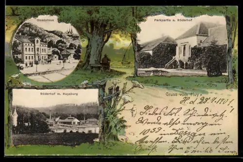 Lithographie Huy, Gasthof Gambrinus, Röderhof m. Huysburg, Parkpartie a. Röderhof