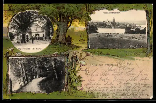 Lithographie Ratzeburg, Jägerwache am Markt, Farchauer Gehölz, Gesamtansicht des Ortes