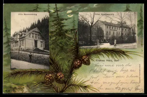 AK Altenau, Hotel u. Villa Rammelsberg, Mondschein