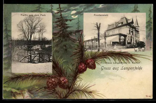 Lithographie Langenfelde, Forsthaus Langenfelde D. Ramke, Partie aus dem Park