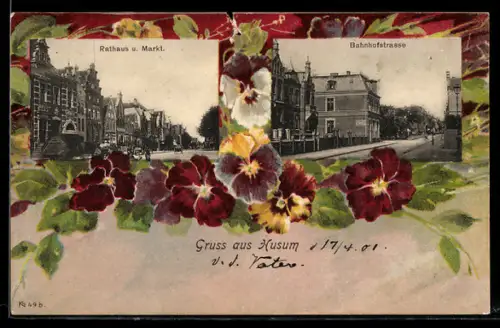 Lithographie Husum, Rathaus und Markt, Bahnhofstrasse