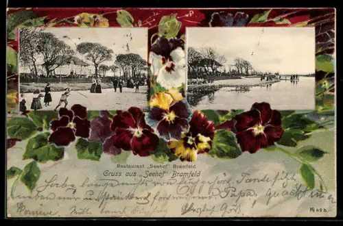 Blumengruss-AK Hamburg-Bramfeld, Restaurant Seehof, Strandpartie, Stiefmütterchen