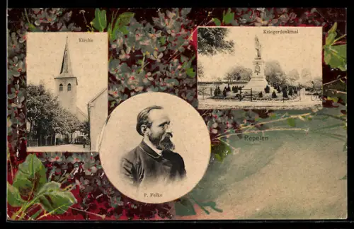 Passepartout-AK Repelen, P. Felke, Kriegerdenkmal, Kirche