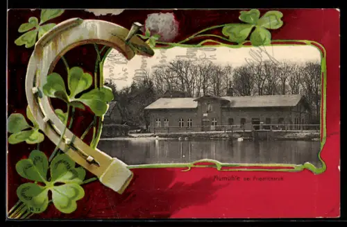 Lithographie Aumühle bei Friedrichsruh, Blick auf den Gasthof, Passepartout mit Hufeisen