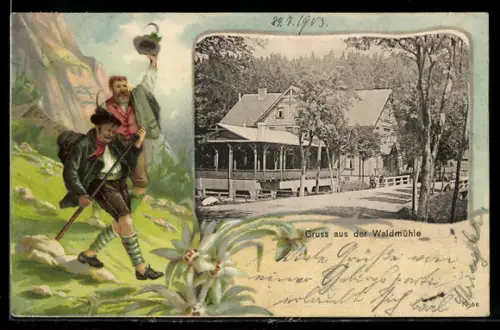 Passepartout-Lithographie Braunlage, Gasthaus Waldmühle, Grüssende Wanderer