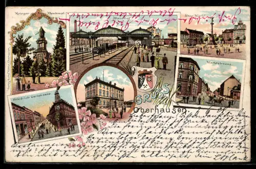 Lithographie Oberhausen, Blick in die Friedrich Carlstrasse, Marktstrasse, Bahnhof