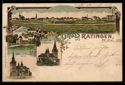 Lithographie Ratingen, Katholische Kirche, Frühere alte kathol. Kirche, Haus zum Haus, Totalansicht des Ortes