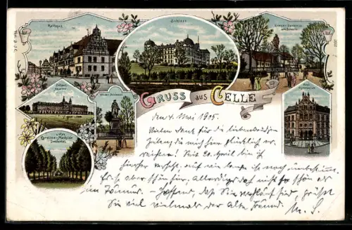 Lithographie Celle, Schloss, Rathaus, Infanterie-Kaserne, Caroline-Mathilde Denkmal