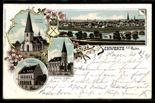 Lithographie Schwerte, Altes Rathaus, Ev. u. Kath. Kirche, Wappen