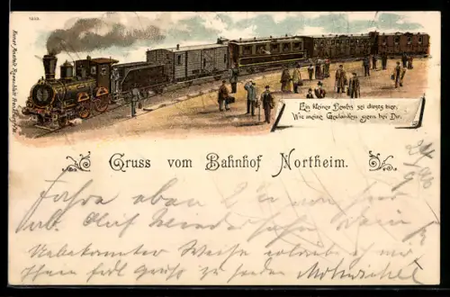 Lithographie Northeim, Einfahrender Zug auf dem Bahnhof Northeim