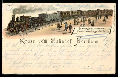 Lithographie Northeim, Bahnhof, Eisenbahn mit Fahrgästen
