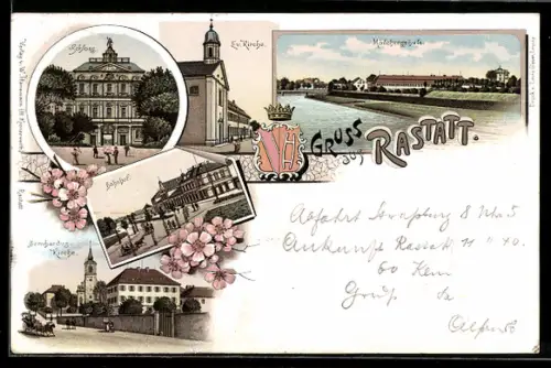 Lithographie Rastatt, Mädchenschule, Bahnhof, Bernhardus-Kirche mit Blumendekor