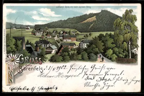 Lithographie Bärenfels, Teilansicht der südlichen Seite mit dem spitzen Berg