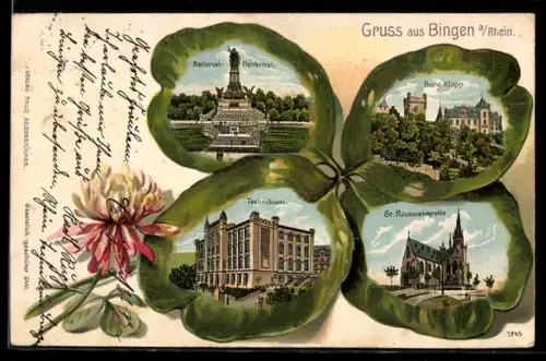Passepartout-Lithographie Bingen am Rhein, Nationaldenkmal, Burg Klopp, Technikum, St. Rochuskapelle im Kleeblatt